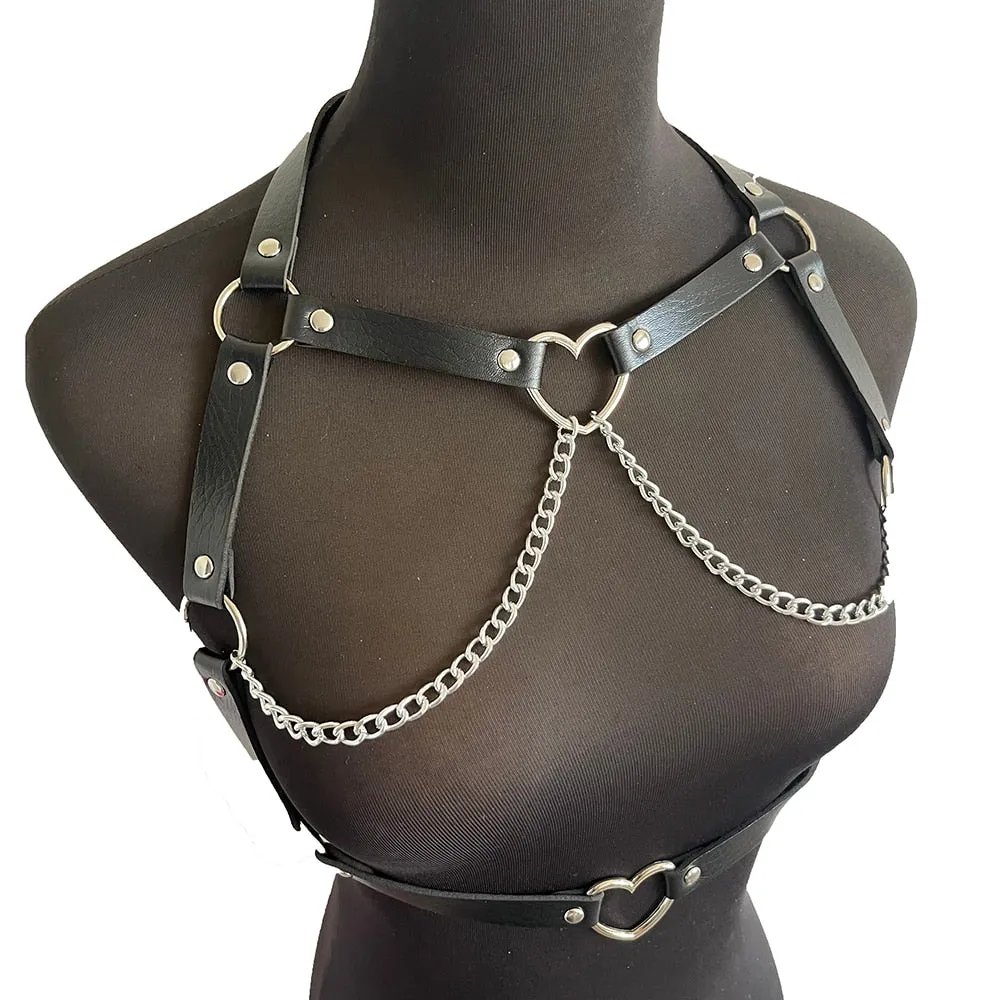 'Dark Love' Black Faux Leather Harness with Heart Detail & Chains