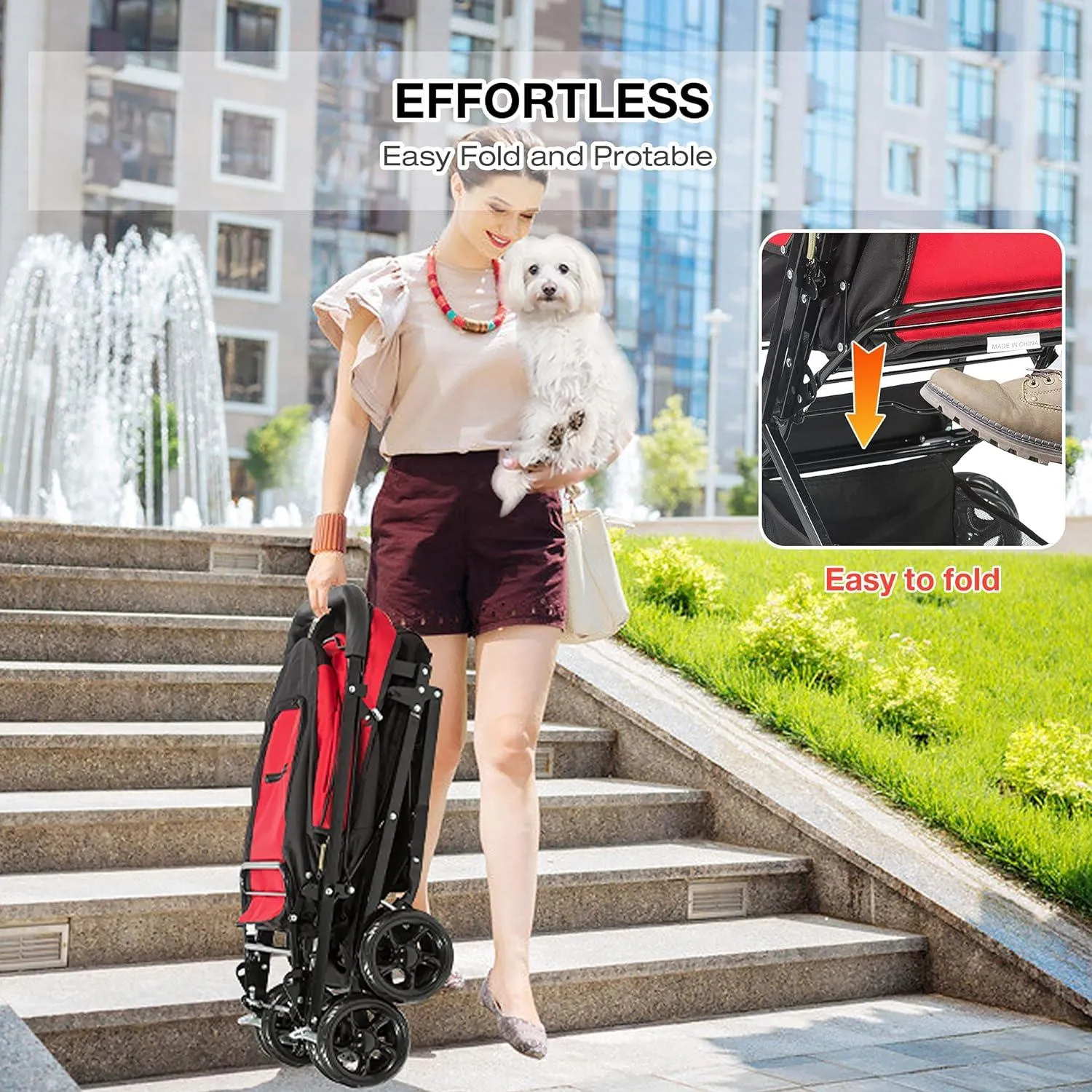Dog Pet Jogger Stroller Folding Travel Carrier Cart for Large Cat Puppy, 4 Wheels
