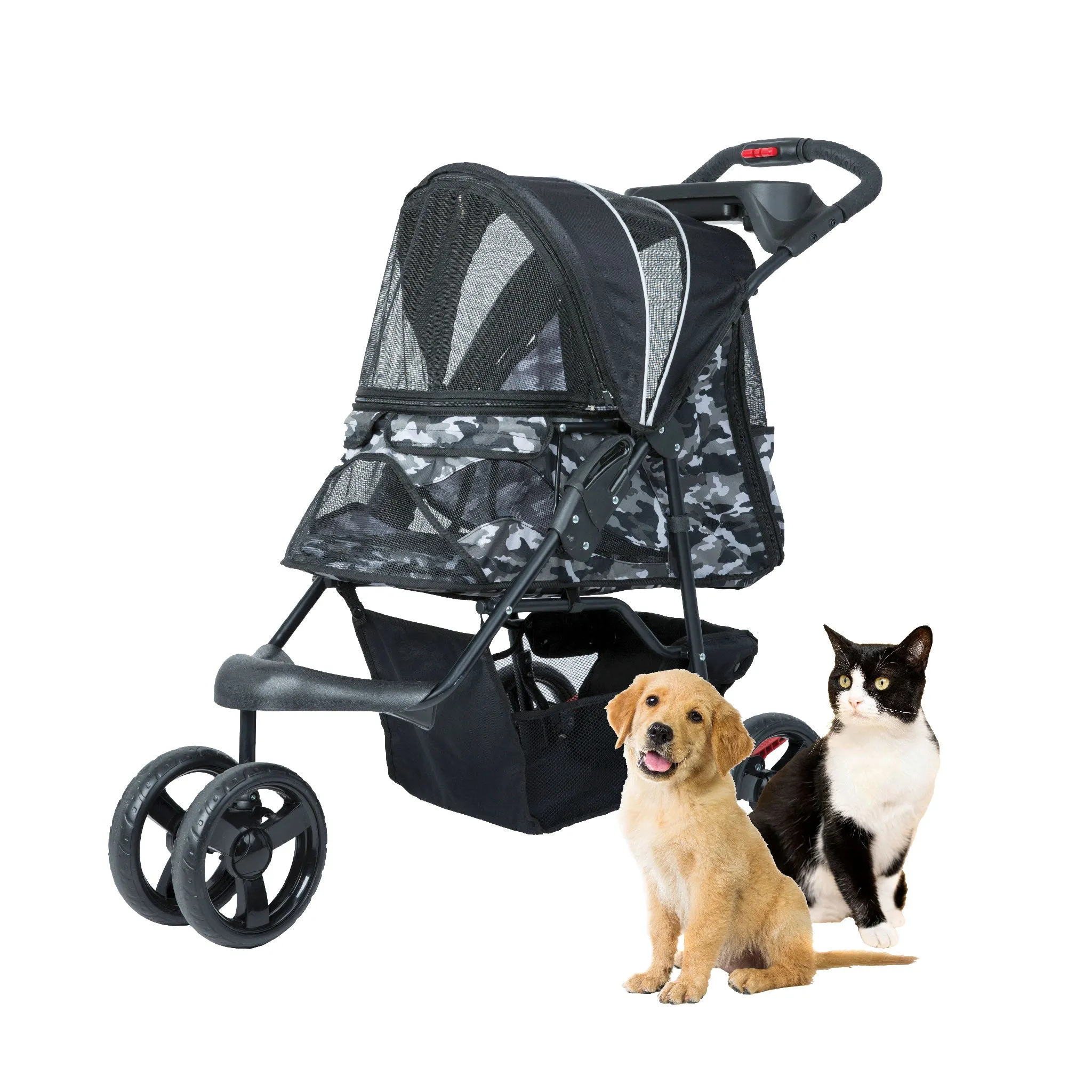 Durable Pet Stroller, Easy Fold, Quality mesh windows, Large Storage Basket, Secure Cup Holder Tray, for Small to Medium Dog, Cat, Bunny, Supports pets up to 55LBS