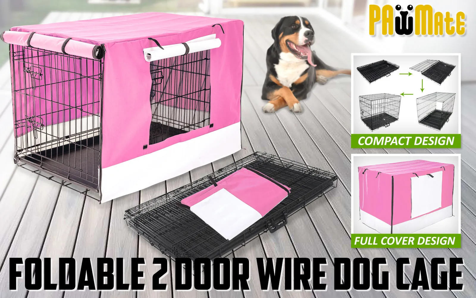 Paw Mate Wire Dog Cage Foldable Crate Kennel 24in with Tray   Pink Cover Combo